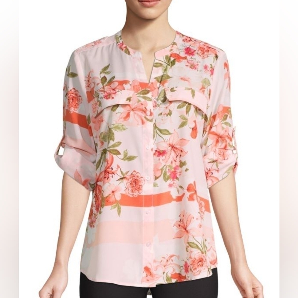 CALVIN KLEIN Botanical Roll-Sleeve Utility Blouse, Size Small